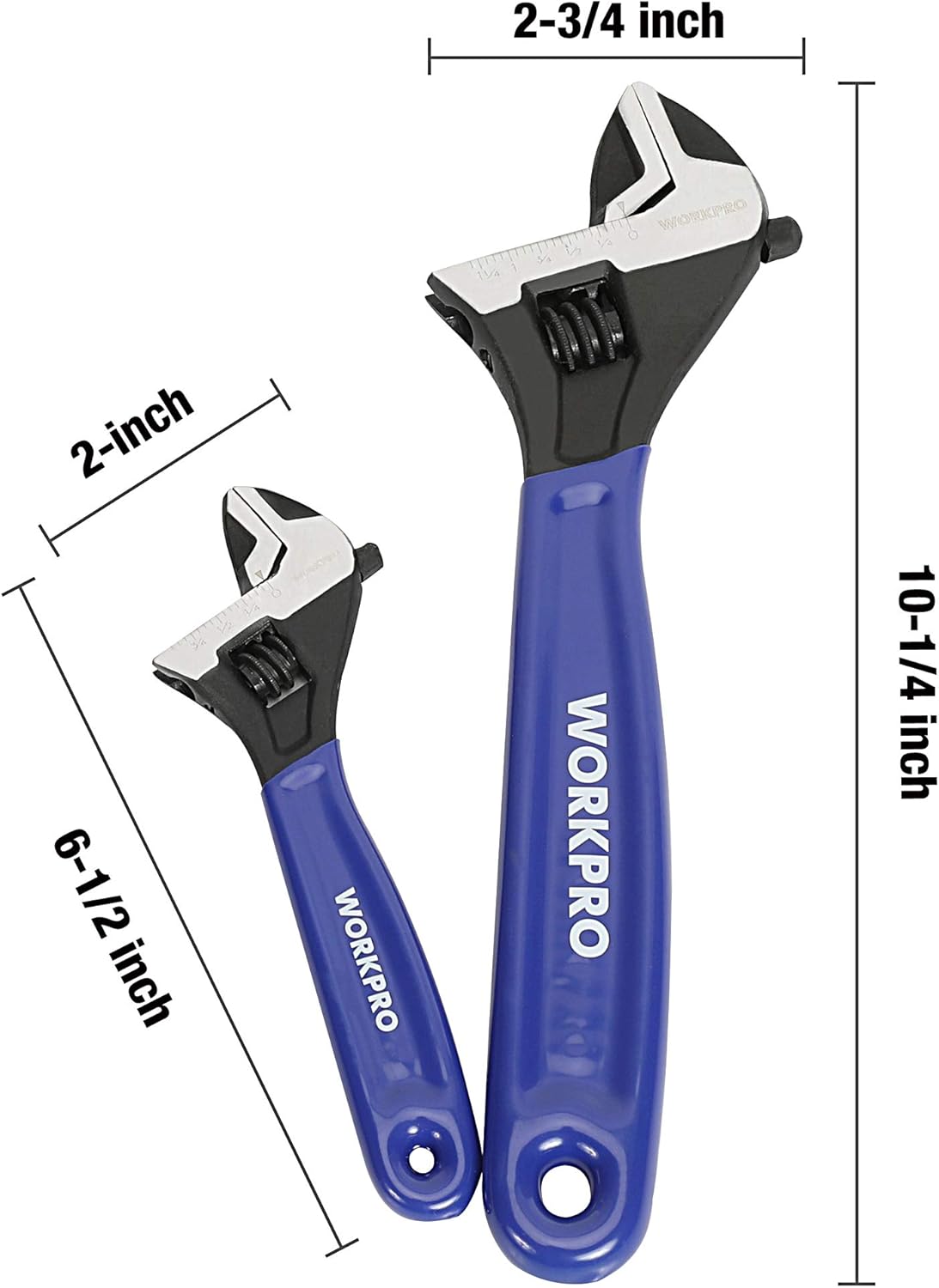 WORKPRO 2-Piece Adjustable Wrench Set, 6-Inch & 10-Inch Wide Jaw Black Oxide Wrench, Cr-V Steel, Metric & SAE Scales, Max Jaw Opening 15/16