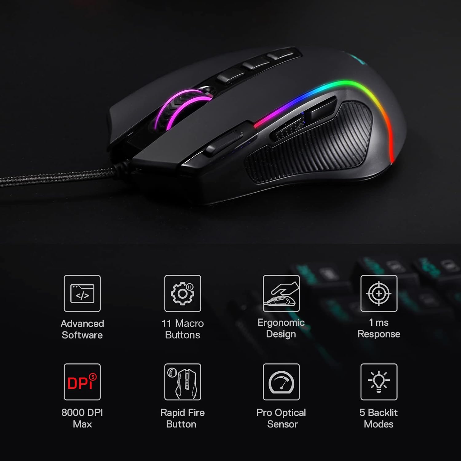 Redragon M612 Predator RGB Gaming Mouse, 8000 DPI Wired Optical Mouse with 11 Programmable Buttons & 5 Backlit Modes, Software Supports DIY Keybinds Rapid Fire Button