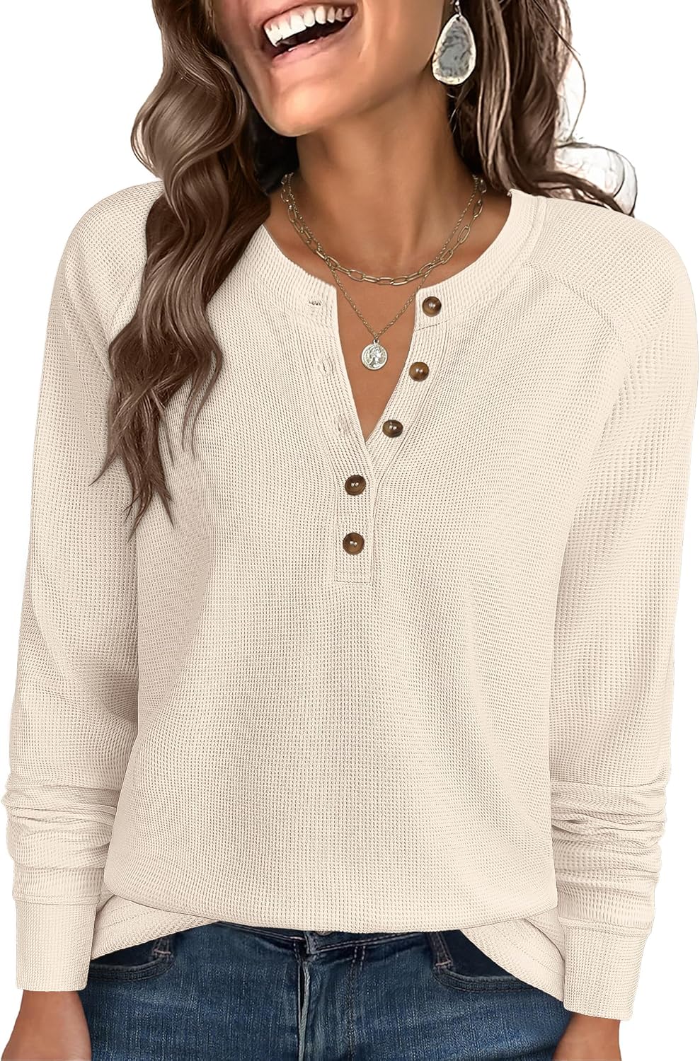 ANRABESS Women's Long Sleeve Waffle Knit Shirts Dressy Casual Loose Button Up V Neck Henley Tops 2026 Fall Basic Tee Blouse