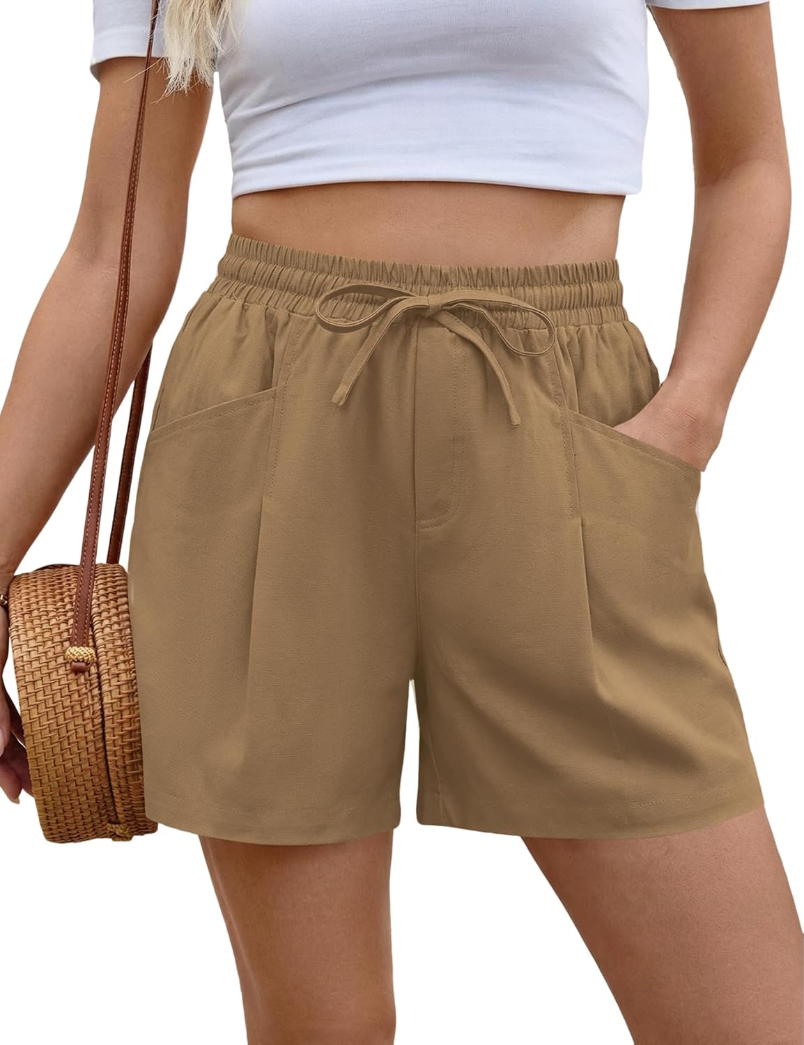 AKEWEI Linen Shorts Women Casual Wide Leg High Waisted Summer Pants Comfy Elastic Waist Drawstring Shorts with Pockets