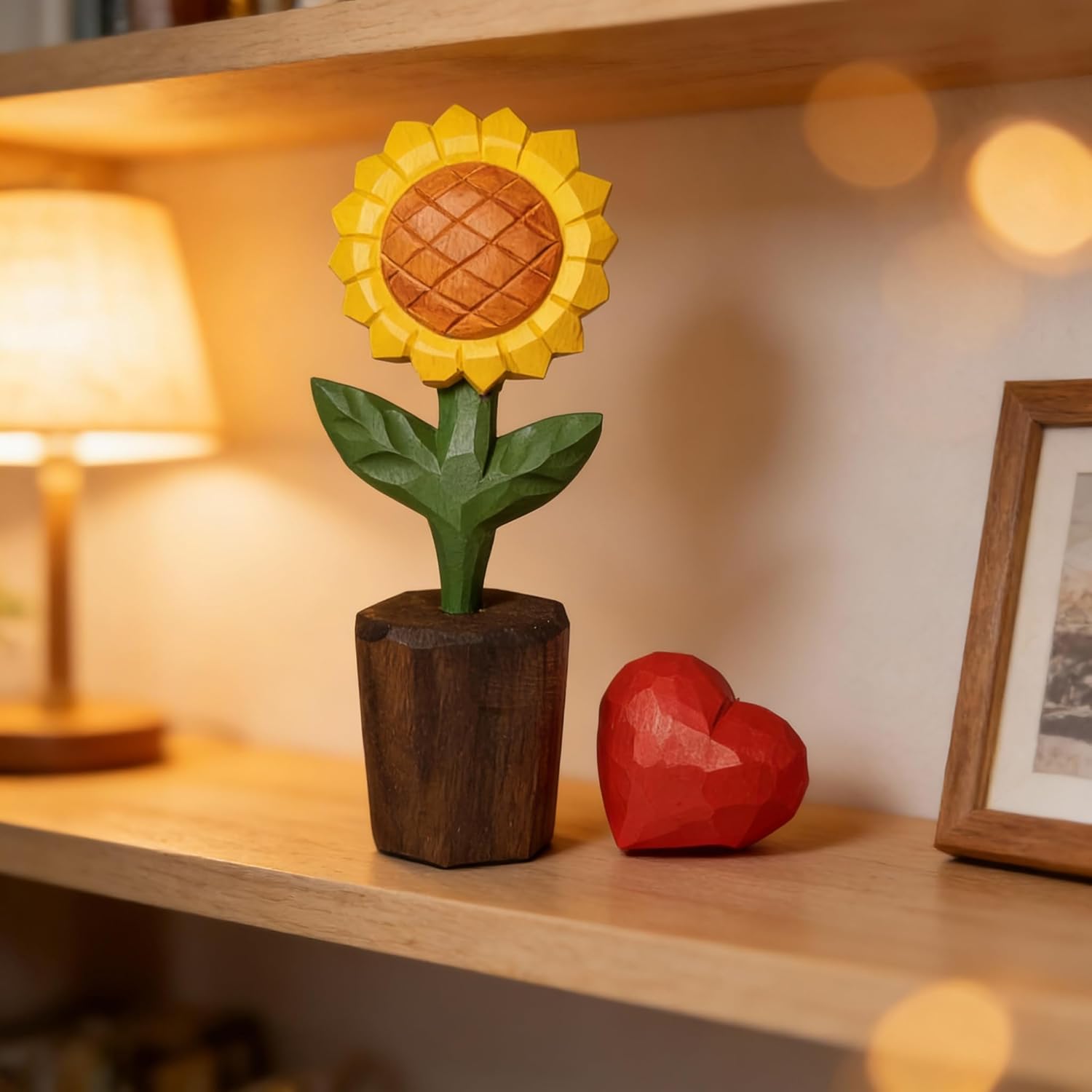 Hand-Carved Wooden Flower with Red Heart - Handcrafted Everlasting Wood Sculpture - 5th Anniversary, Valentine's Day, Birthday Gift for Her - Gift Box Included (Yellow Sunflower)