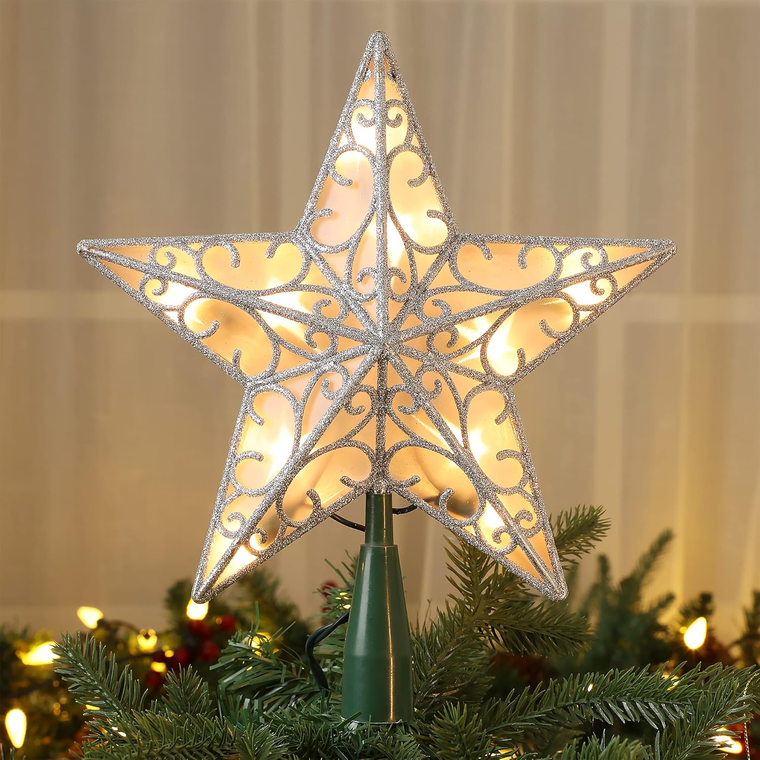 Brizled 9.5” Christmas Star Tree Topper, Glittered Silver Treetop, 3D Christmas Tree Topper with 10 Lights, UL Certified Lighted Xmas Star Topper for Xmas Holiday Home Decorations