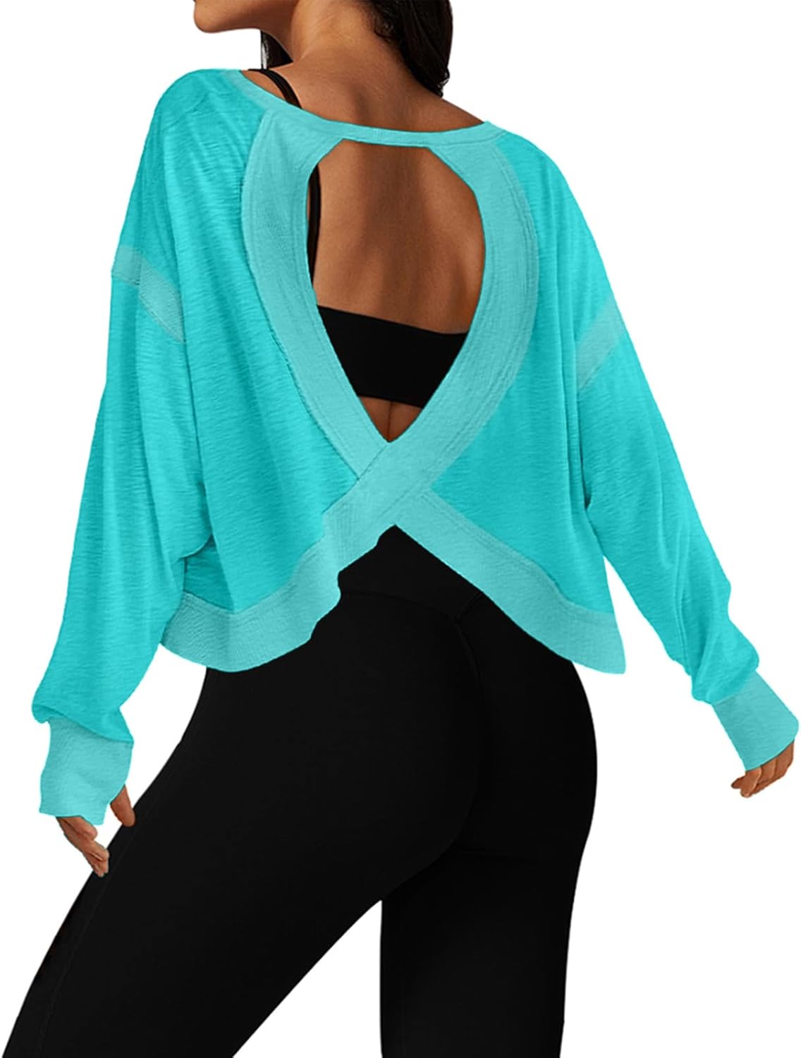 UNIANKIYA Open Back Workout Tops for Women Long Sleeve Cropped Athletic Clothes Gym Running Yoga Low Impact Sports T Shirts