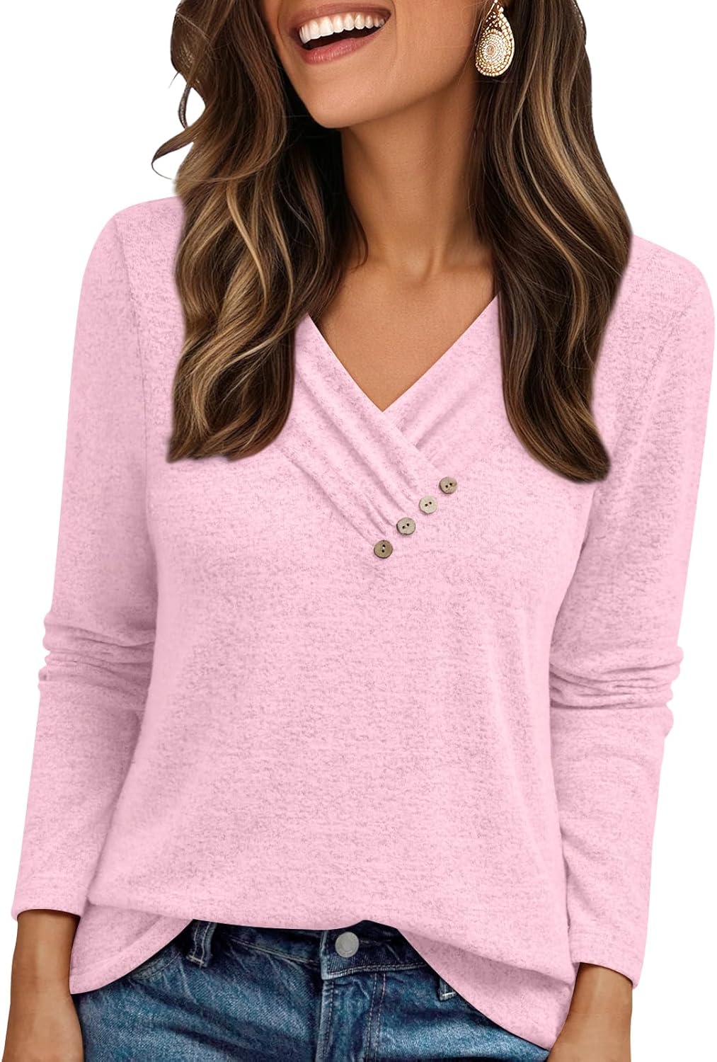 AUTOMET Womens Long Sleeve Tunic Top V Neck Button Shirts 2026 Dressy Casual Business Blouses