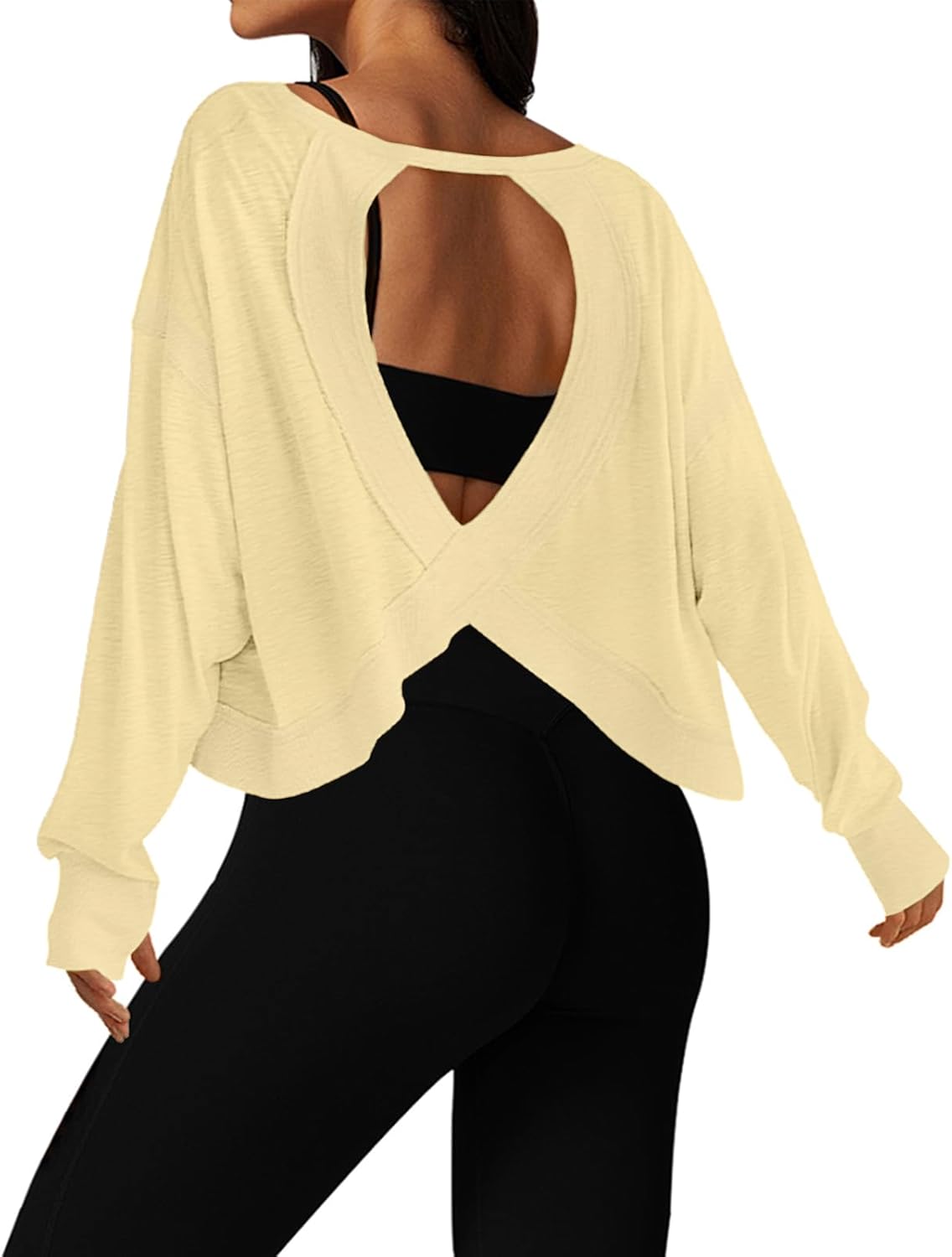 UNIANKIYA Open Back Workout Tops for Women Long Sleeve Cropped Athletic Clothes Gym Running Yoga Low Impact Sports T Shirts