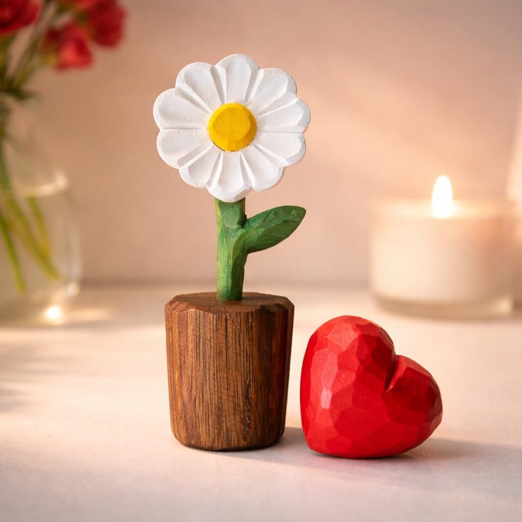 Hand-Carved Wooden Flower with Red Heart - Handcrafted Everlasting Wood Sculpture - 5th Anniversary, Valentine's Day, Birthday Gift for Her - Gift Box Included (White Daisy)