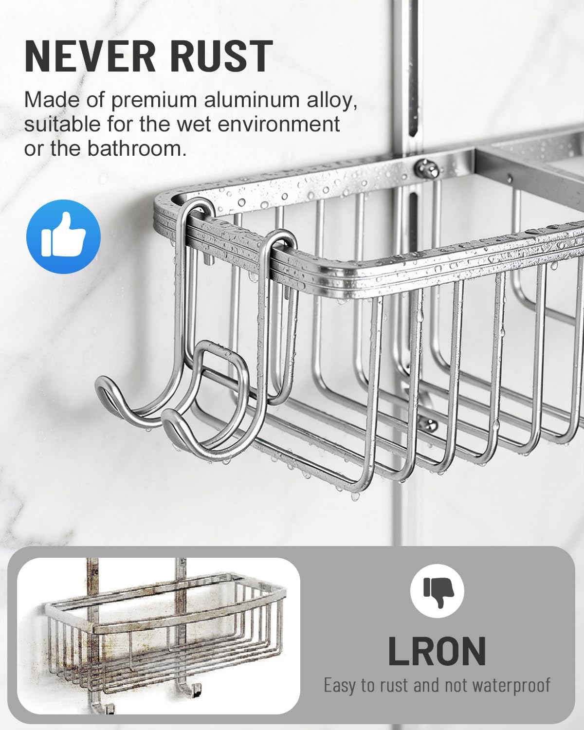 Adjustable Shower Caddy Hanging for Handheld Showerheads - Upgraded Never Rust Shower Hanging Organizer, Bathroom Shower Rack with Soap Basket, Hooks and Toothbrush Holder (Shiny Silver)