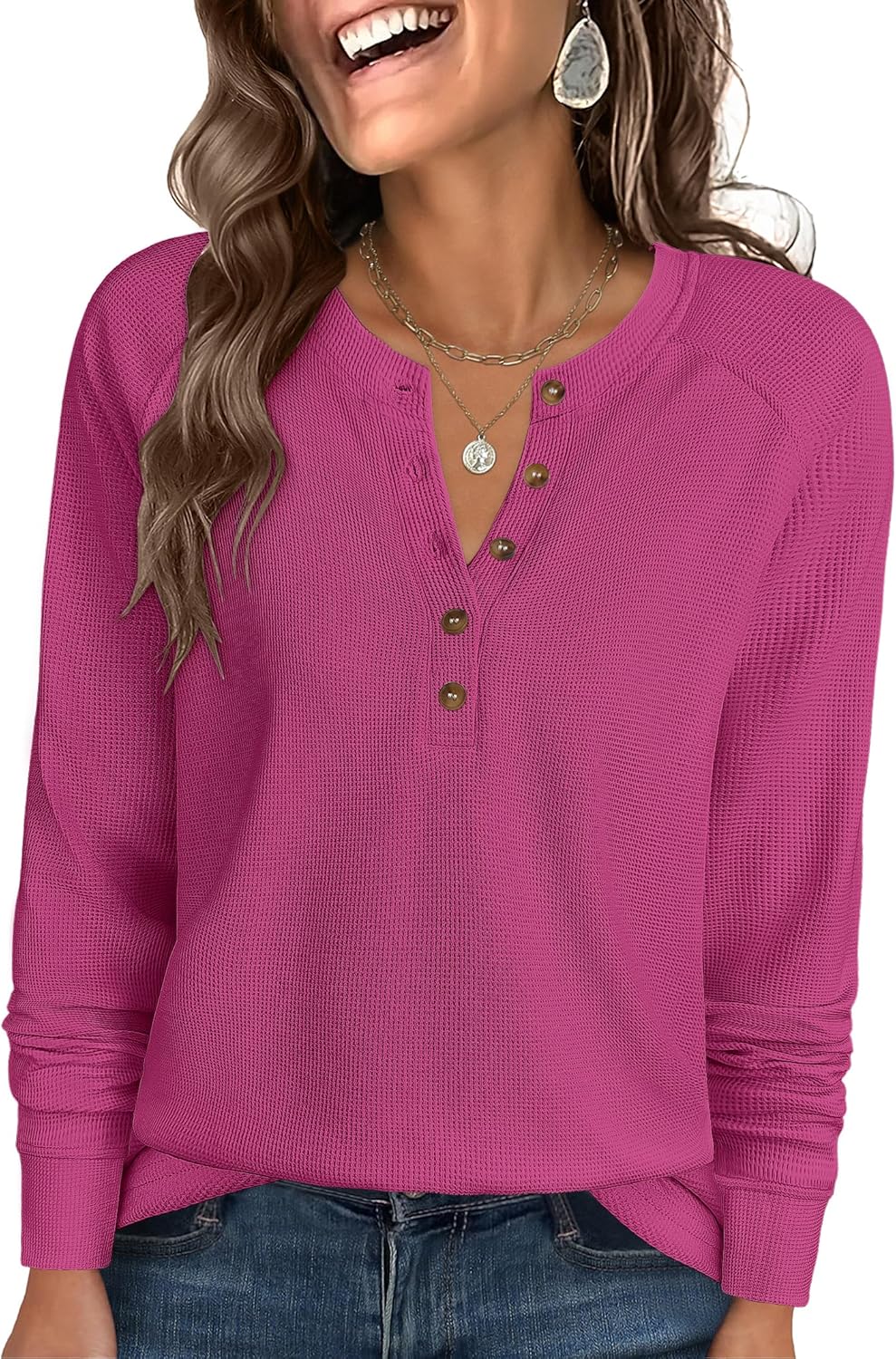 ANRABESS Women's Long Sleeve Waffle Knit Shirts Dressy Casual Loose Button Up V Neck Henley Tops 2026 Fall Basic Tee Blouse