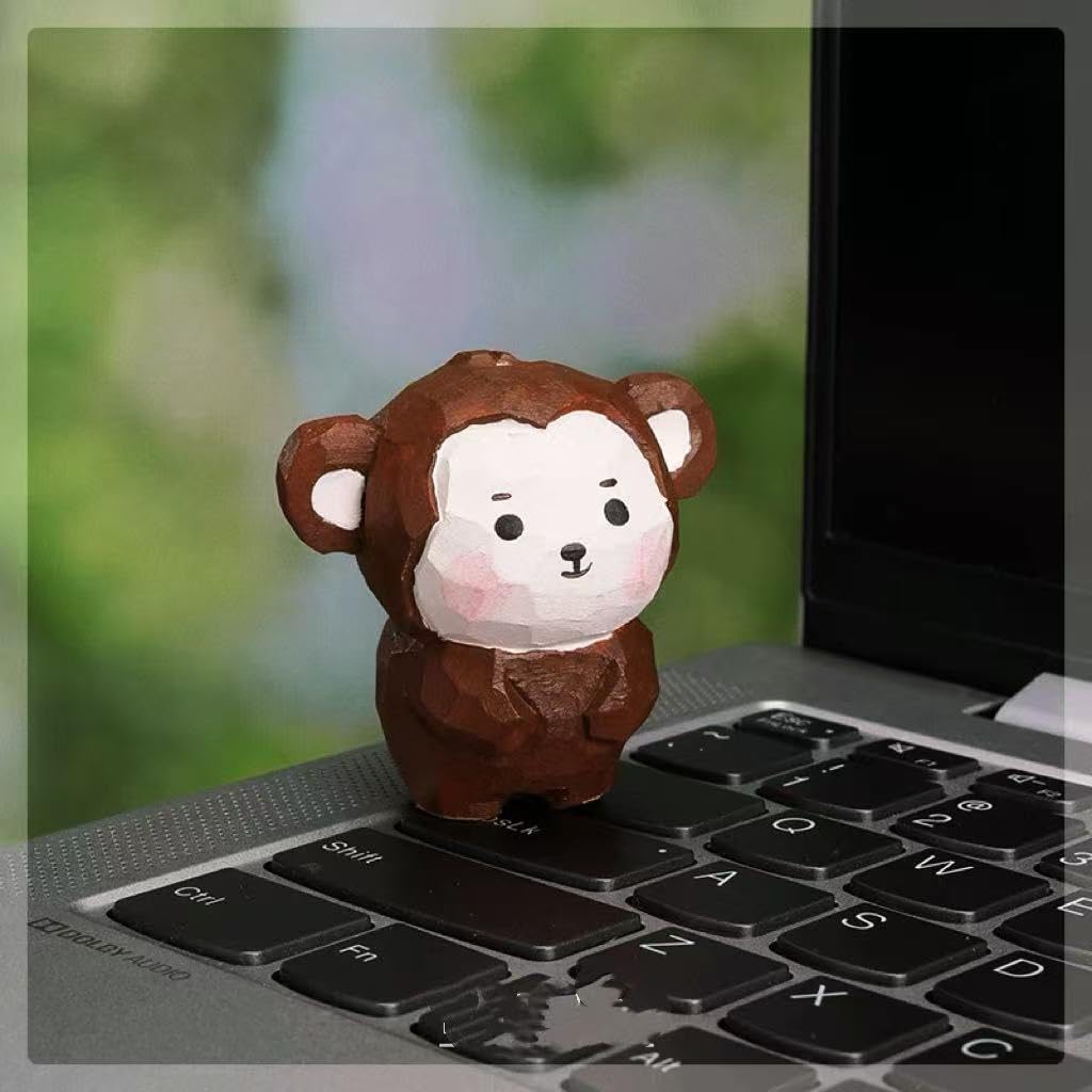 Small Wooden Monkey Figurines Craft, 1.6’’H Hand-Carved Painted Monkey Figurine with Base, Cute Desktop Decor, Wooden Animal Statue Home Decor, Gift for Animal Lovers