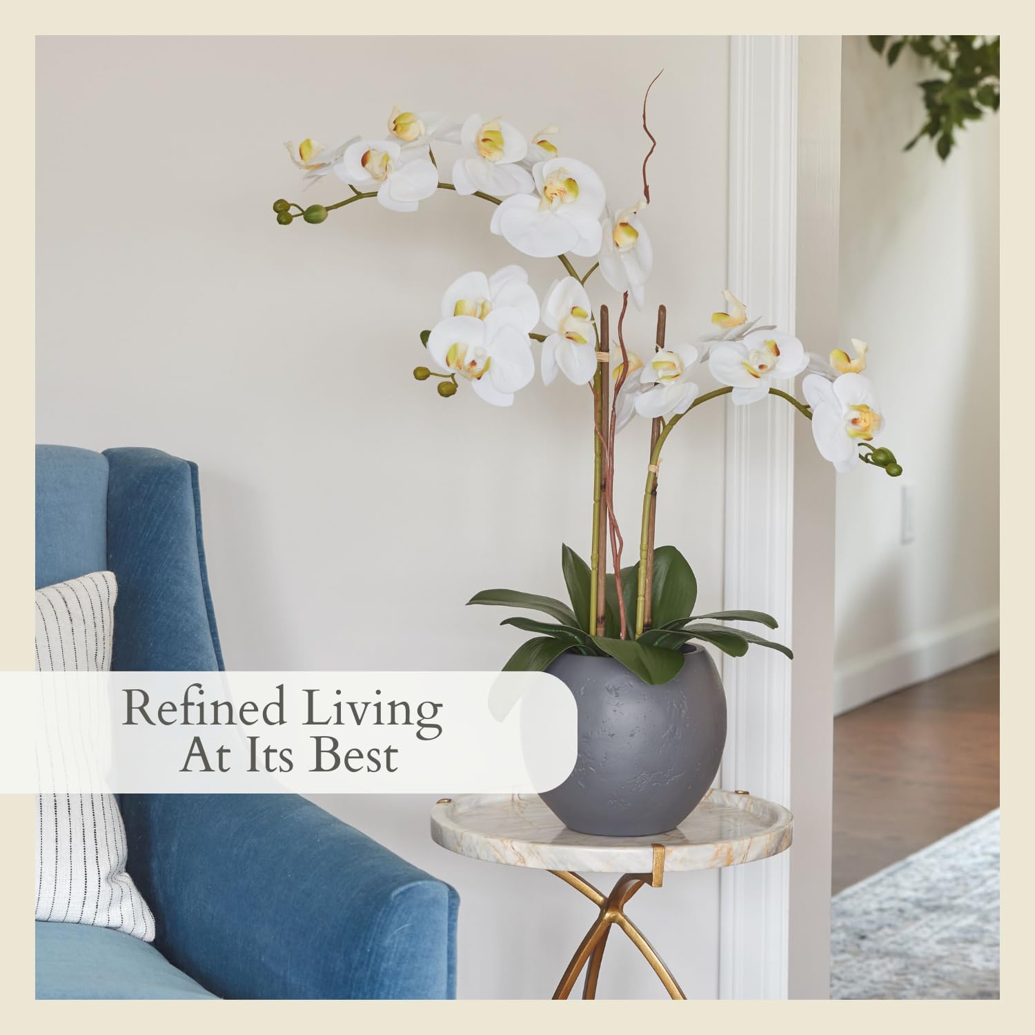 CG Hunter Faux White Orchid Plant, Premium Artificial Indoor Flower Display Stands 25-Inches with Beautiful Sculptural Blooms and Foliage That Lasts Forever, Grey Planter Pot Included