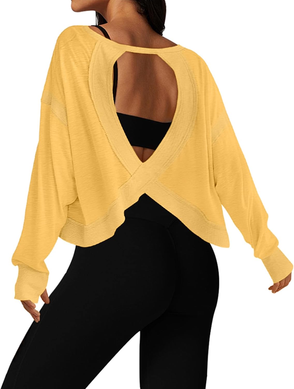 UNIANKIYA Open Back Workout Tops for Women Long Sleeve Cropped Athletic Clothes Gym Running Yoga Low Impact Sports T Shirts