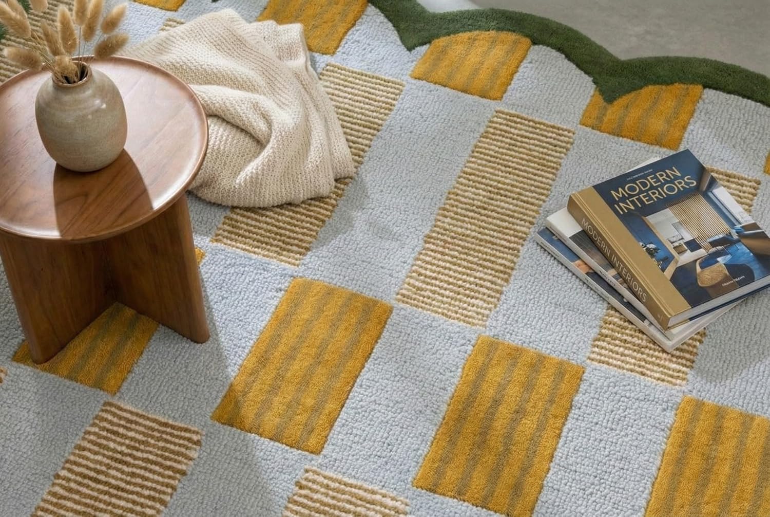 Hand-Tufted Scalloped Wool Area Rug, Modern Plaid Checkered Pattern, Soft & Durable Cozy Accent Rug for Living Room, Bedroom & Nursery, Handmade Decorative Floor Carpet (Light Blue, 5' x 7')