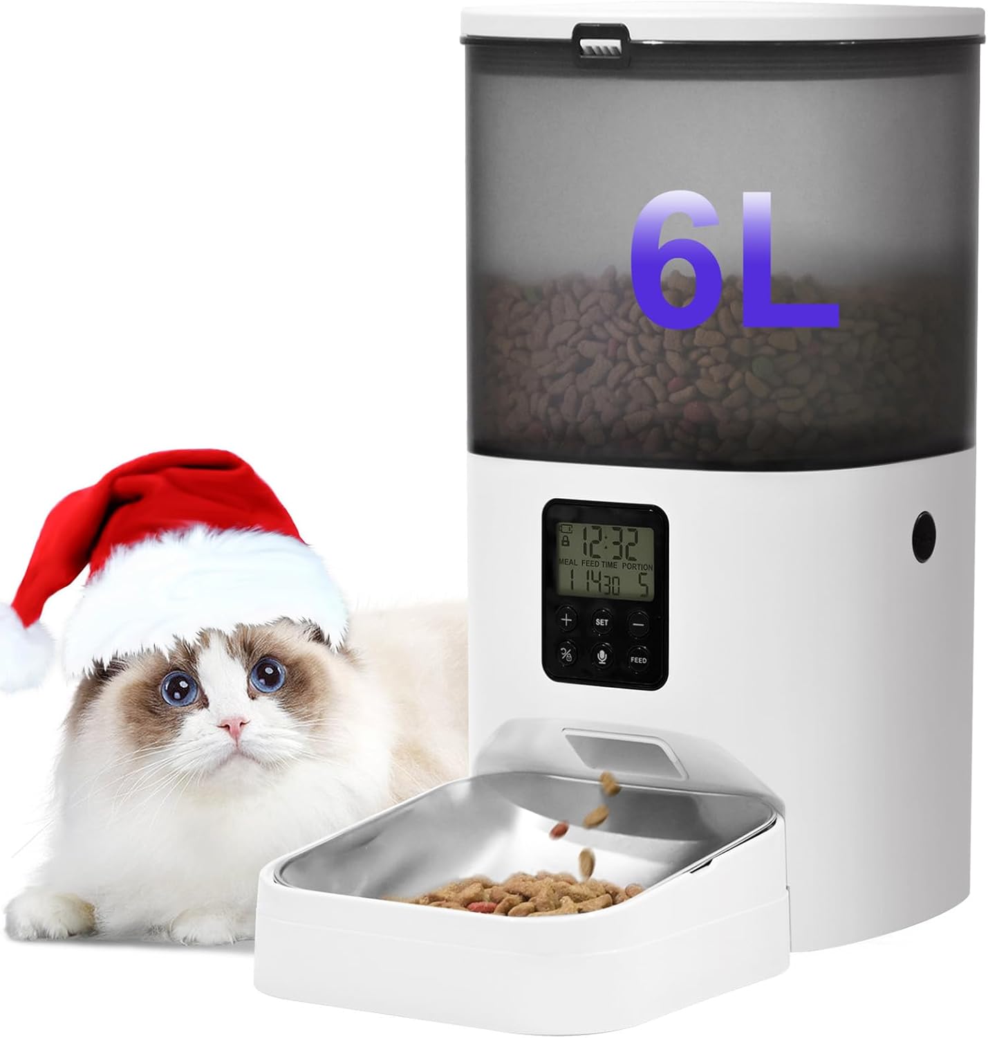 Automatic Cat Feeder, 4L Cat Food Dispenser with 10s Voice Recorder, Pet Feeder up to 8 Meals per Day, Timed Dog Feeder with Dry Food Sealed Ring (White, 4L-Basic)