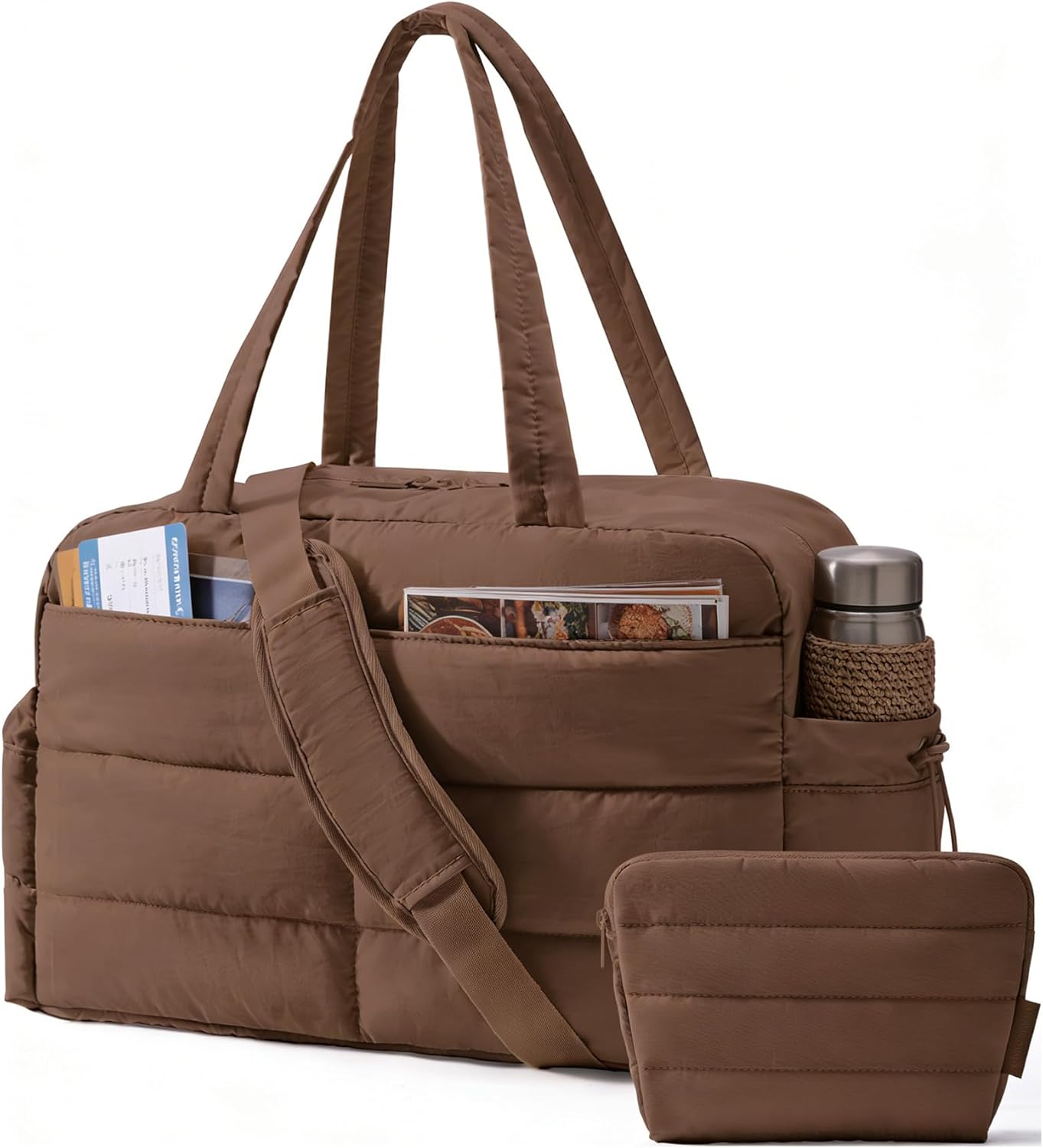 BAGSMART Gym Bag for Women, Lightweight Puffer Duffle Bag 2-PC Travel Bag, 31L Weekender Overnight Bag Quilted Carry On Tote Bag, Diaper Hospital Dance bag for Travel, Gym, Water Resistant, Pink