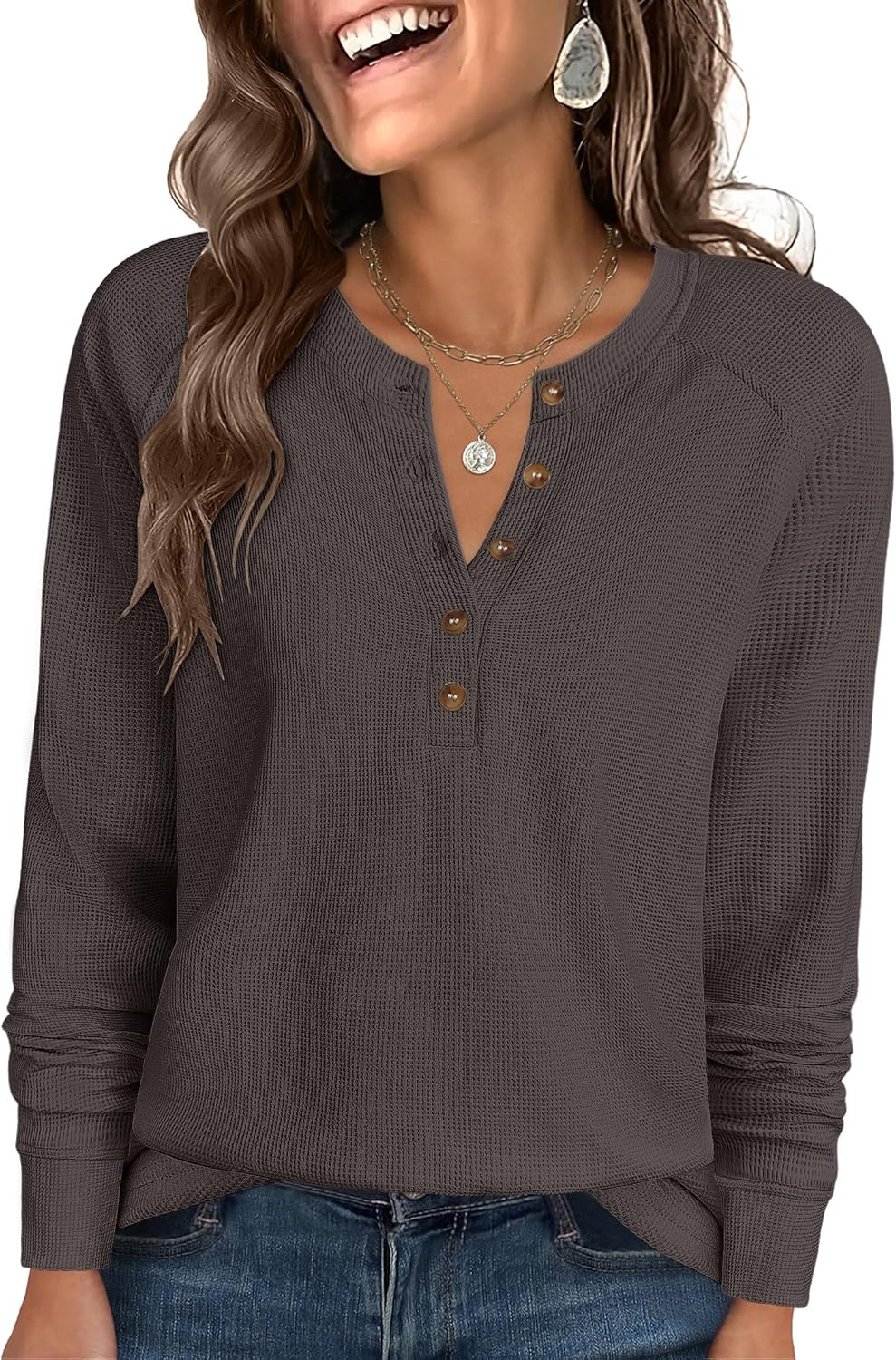 ANRABESS Women's Long Sleeve Waffle Knit Shirts Dressy Casual Loose Button Up V Neck Henley Tops 2026 Fall Basic Tee Blouse