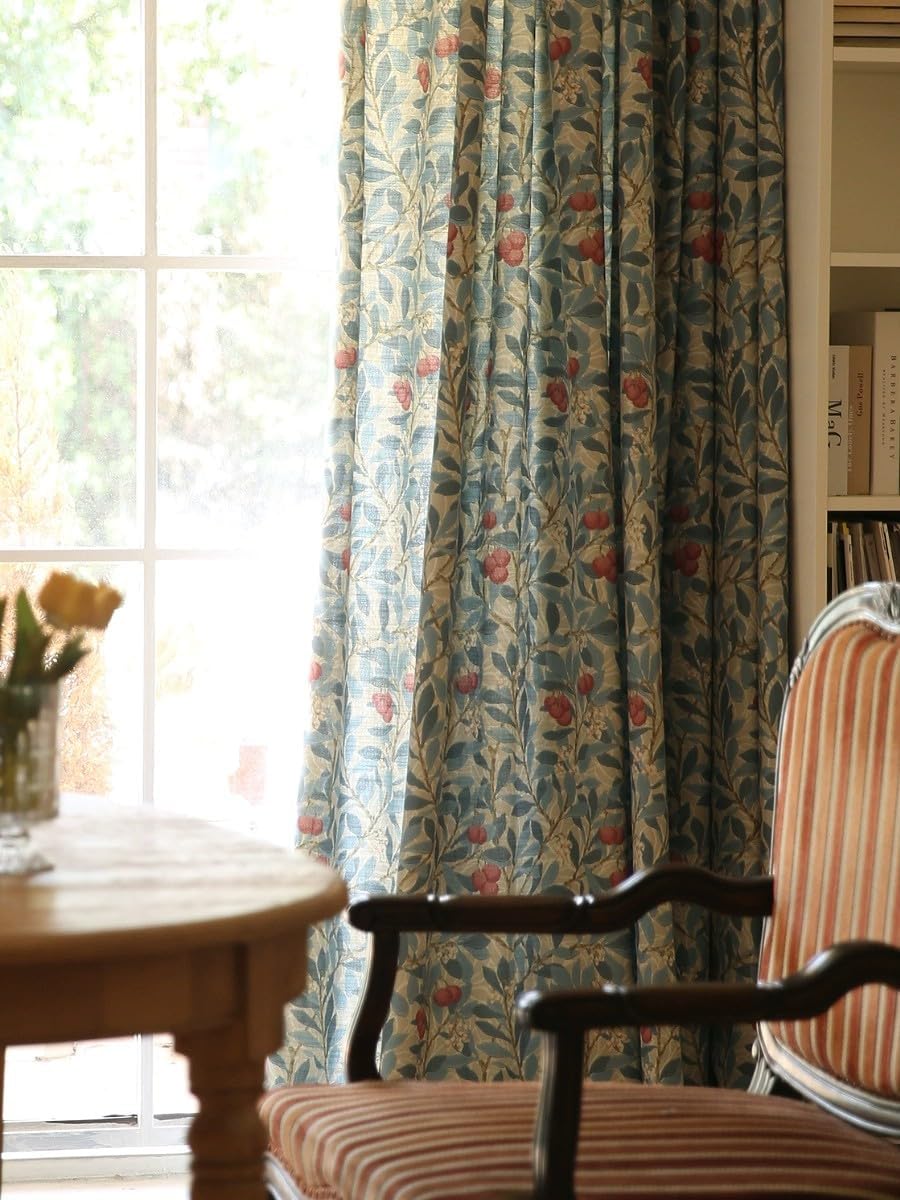 Boho Linen Curtains for Living Room - 60% Blackout Farmhouse Floral Patterned Pinch Pleat Curtains, Blue Burgundy on Beige, 72 Inches Long, 1 Panel, W72 x L72