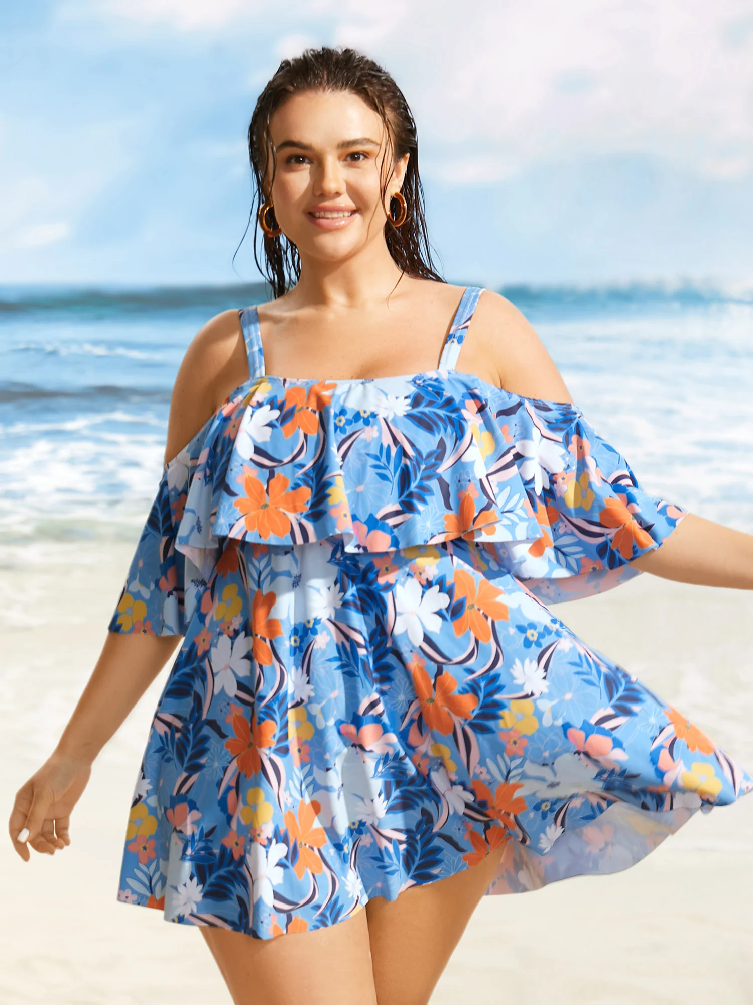 Tropical Adjustable Straps Cold Shoulder Ruffles Trim Swim Dress