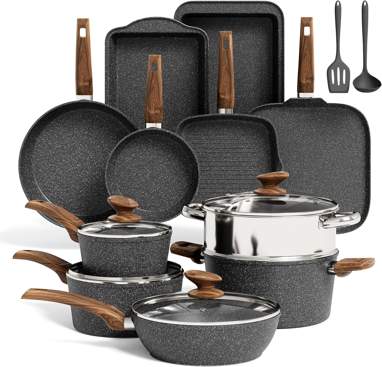 Kitchen Academy Granite Nonstick Cookware Set - 17 Piece Gray Cooking Pans Set, Induction Pots and Pans Set Non Stick, PFOA & PFOS Free.