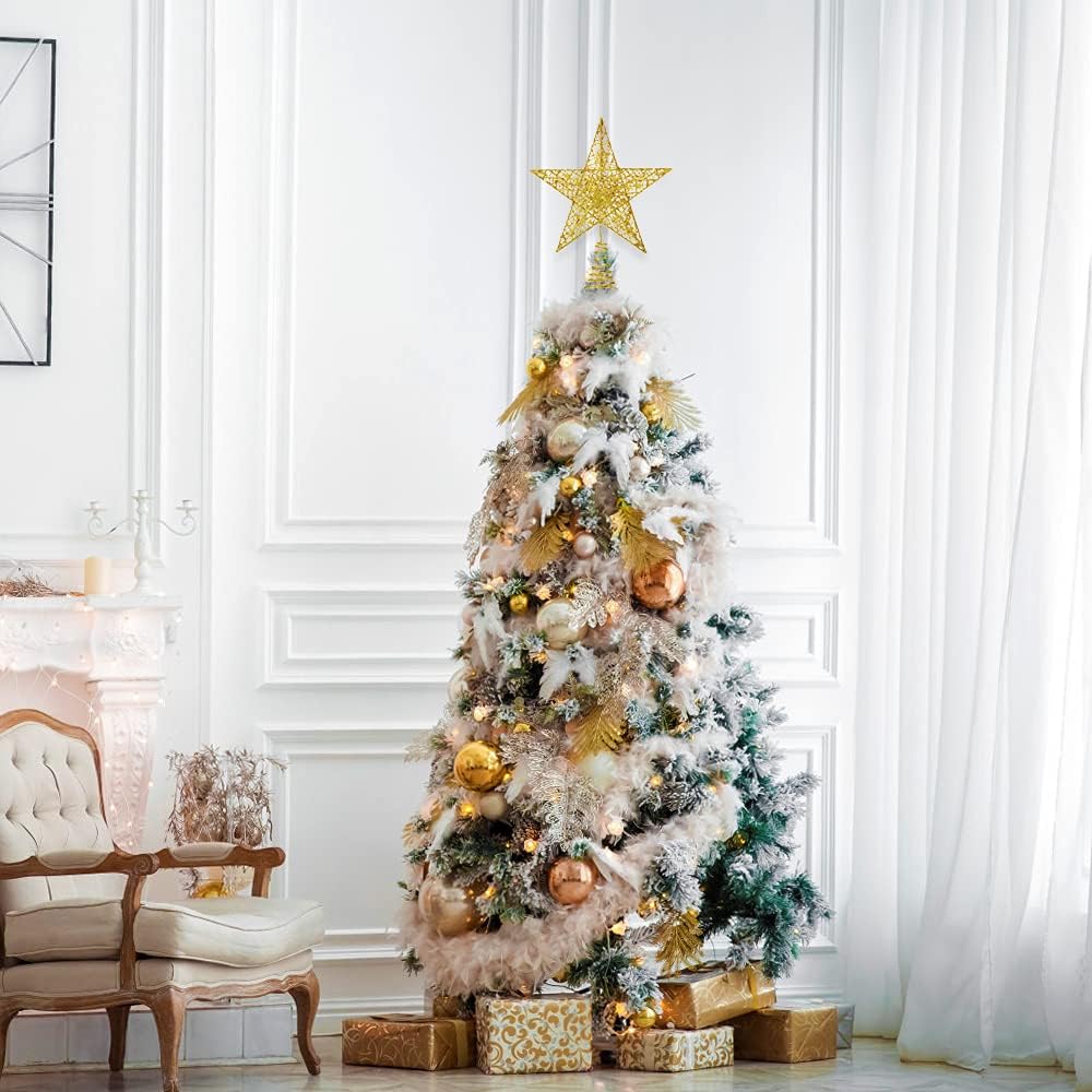 Christmas Tree Toppers Xmas Glitter Gold Hollow Star Treetop Topper for Christmas Tree Decoration. 1