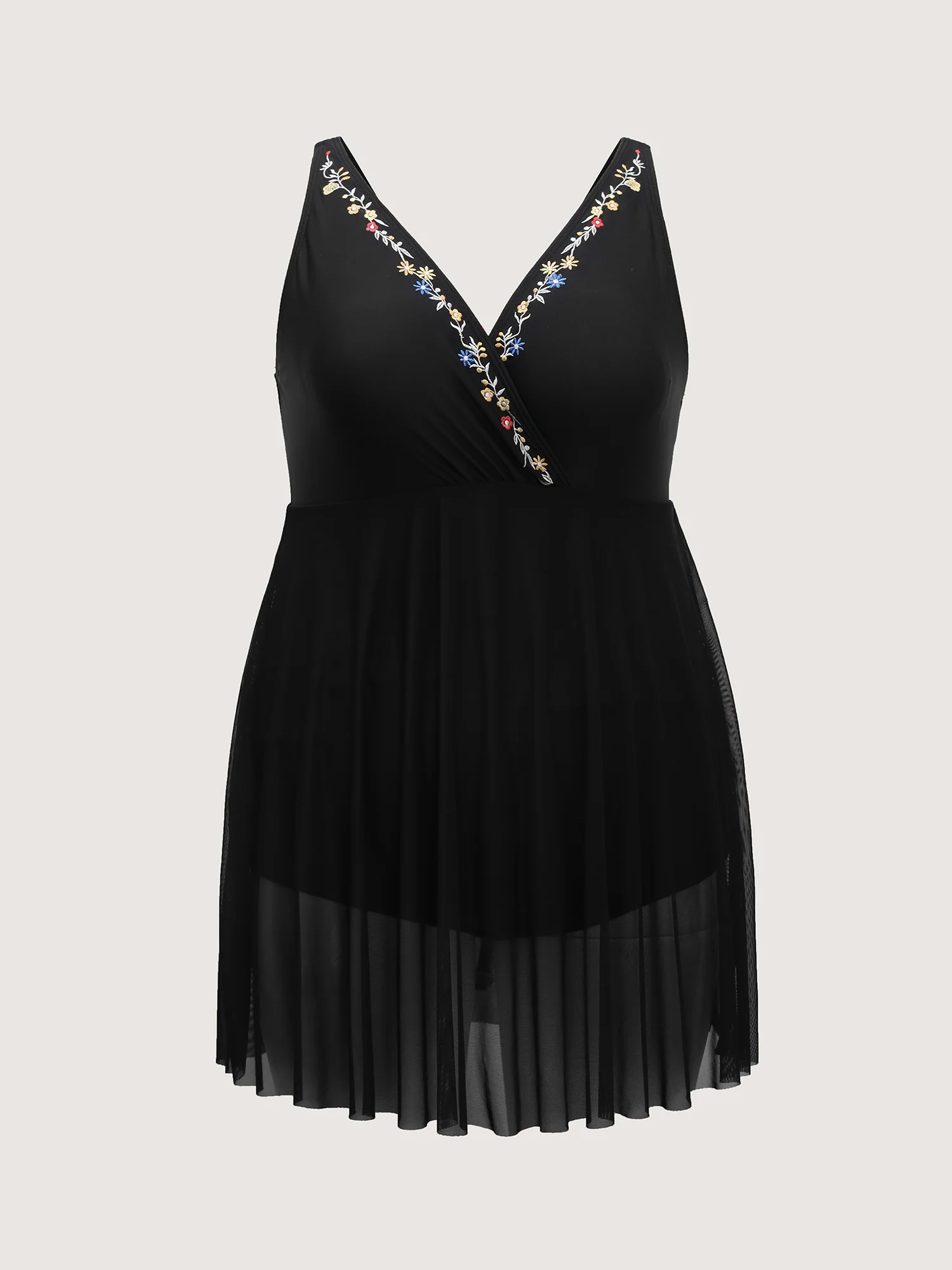 Floral Embroidered Sheer Surplice Swim Dress
