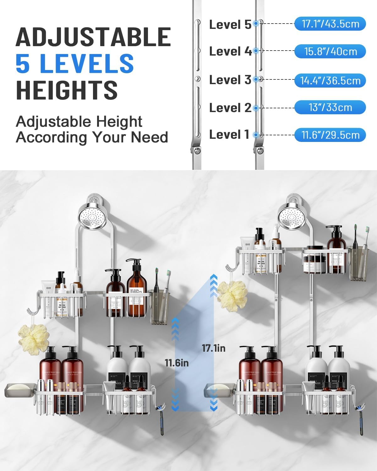 Adjustable Shower Caddy Hanging for Handheld Showerheads - Upgraded Never Rust Shower Hanging Organizer, Bathroom Shower Rack with Soap Basket, Hooks and Toothbrush Holder (Shiny Silver)