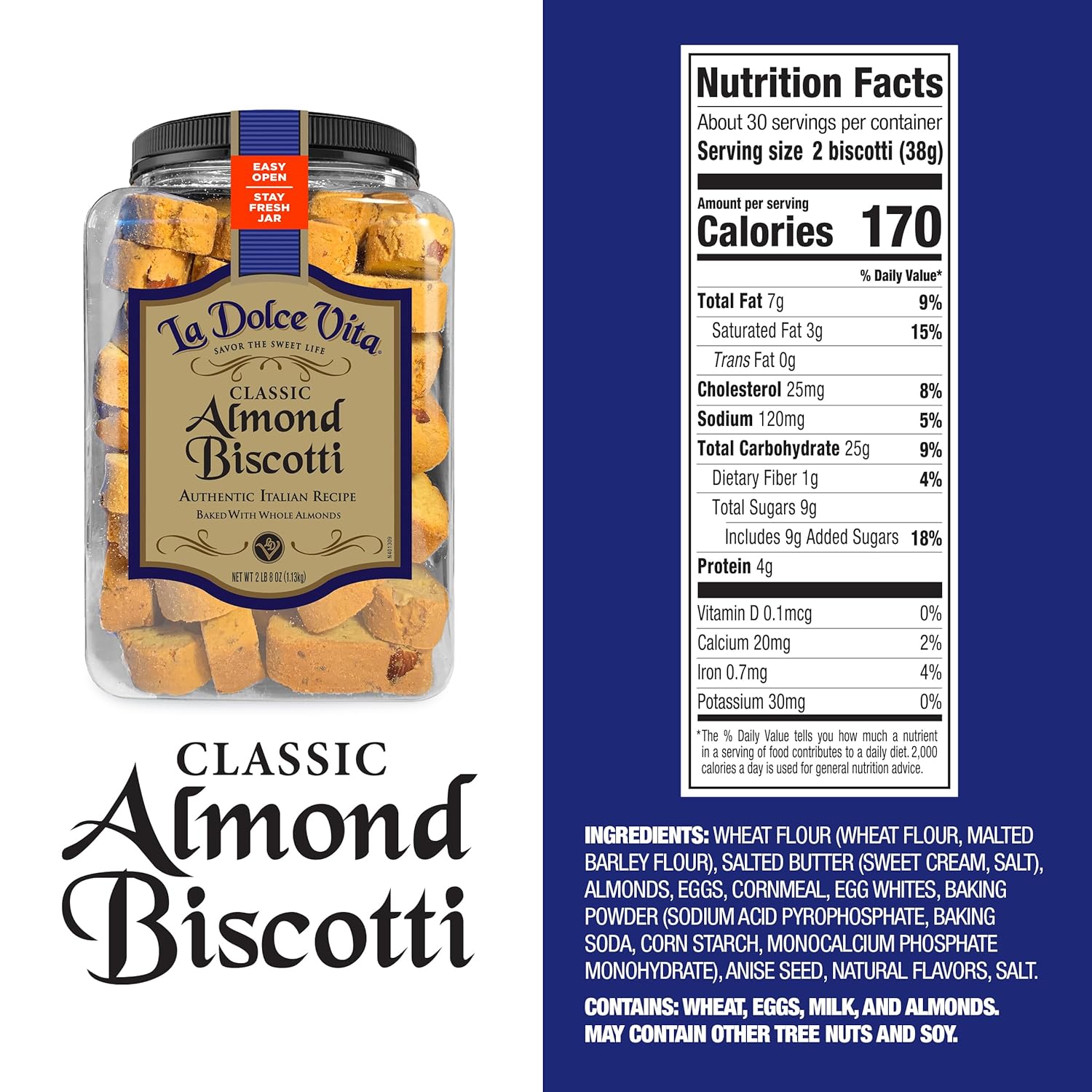 La Dolce Vita Classic Almond Italian Biscotti Cookies, Gourmet Coffee & Tea Dipping Snack, 40 oz Jar