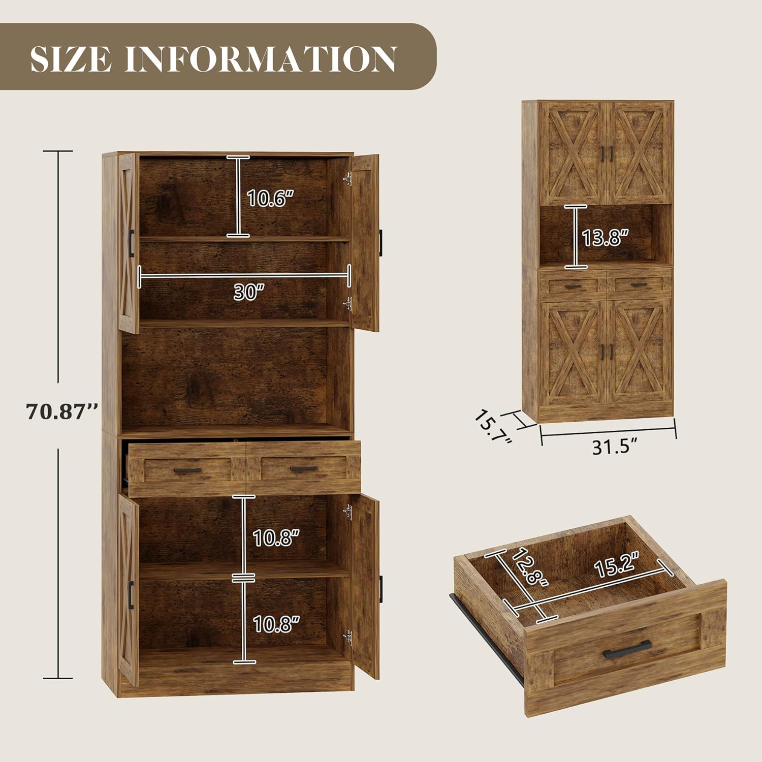 71“ Kitchen Pantry Storage Cabinet, Kitchen Hutch with Microwave Stand and Adjustable Shelves Freestanding Cupboard for Dining Living Room, Brown