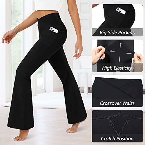 Women's Flare Leggings with Pockets Crossover High Waisted Bootcut Yoga Pants Tummy Control Bell Bottom Leggings