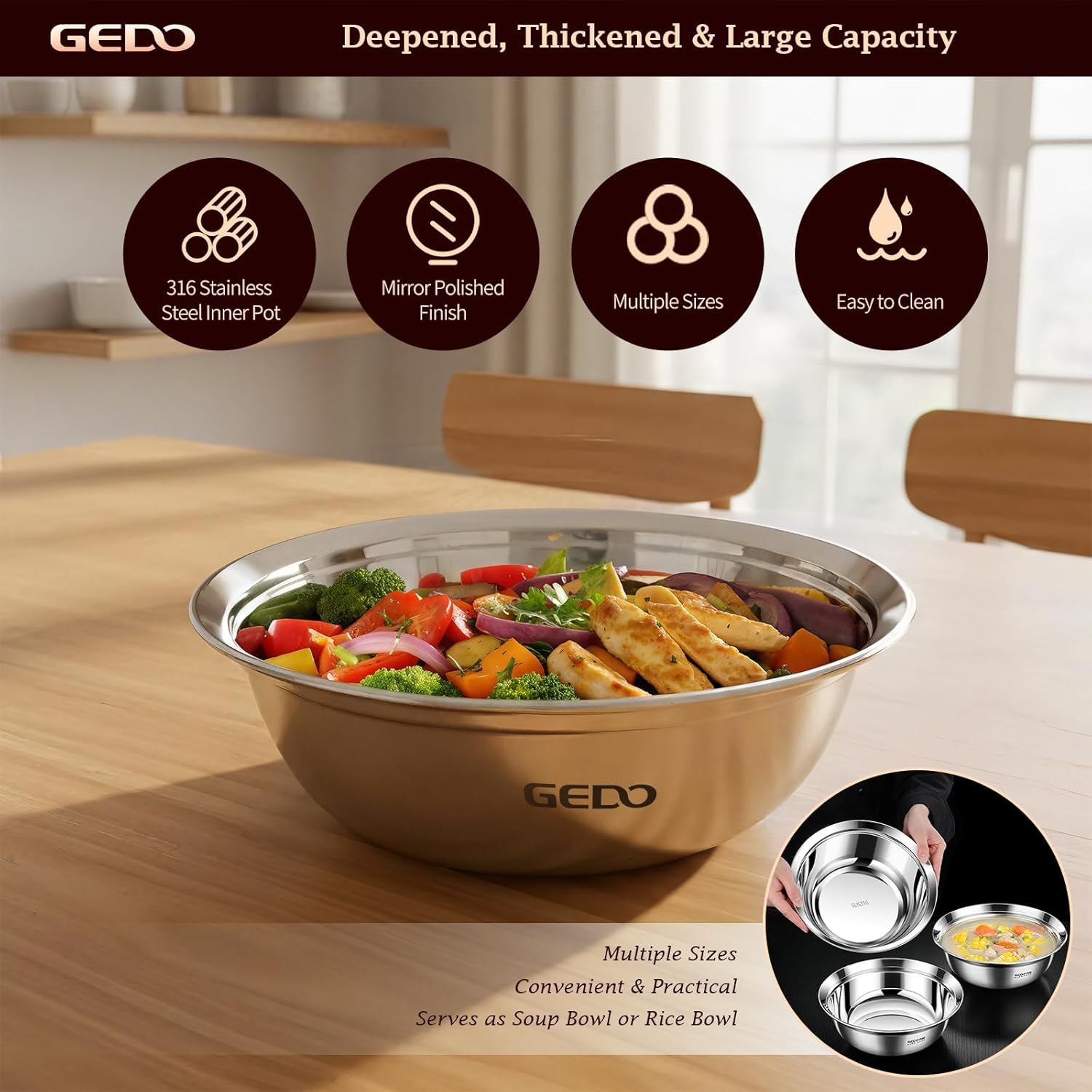 GEDO Stainless Steel 4 Piece Mixing Bowls Set, SUS316 Metal Nesting Bowls, Silver, Kitchen Food Prep Serving Bowls (7.07/8.64/10.21/11.79 in)